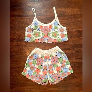 New! Flower Crotchet Crop Tank and Shorts Set